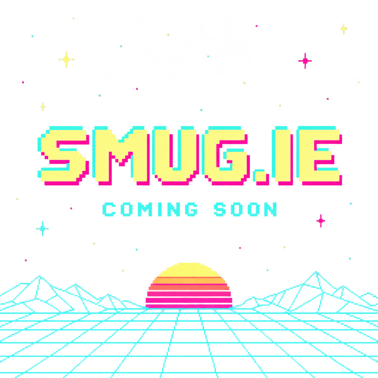 Retro pixel-art Smug.ie coming soon title screen, with neon stars and a sunset over a cyan grid.